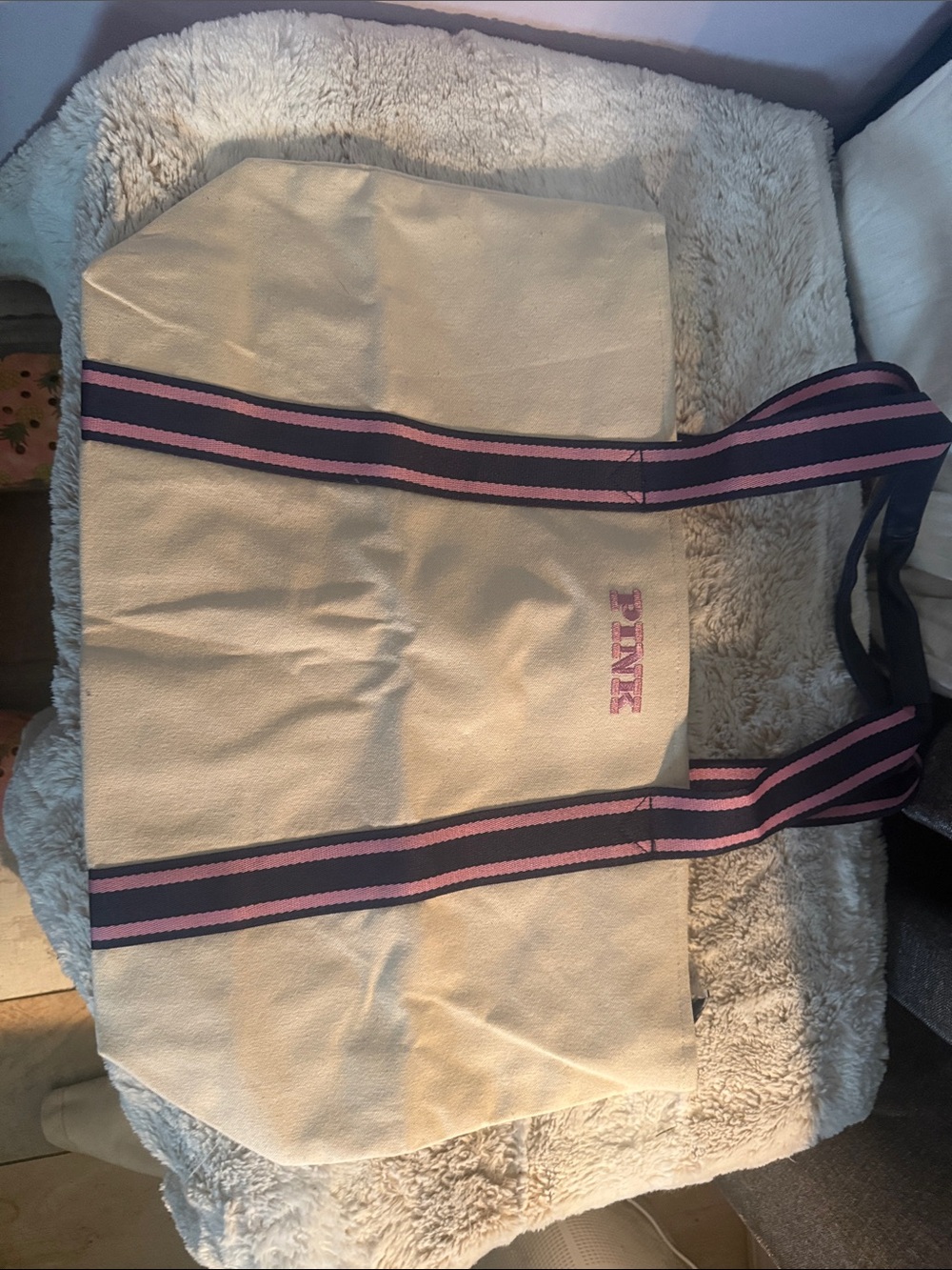 PINK Victoria's Secret Cream Canvas Tote with Pink and Black Straps
